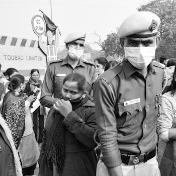 Police and citizens wearing masks at a crowded outdoor scene during COVID-19.