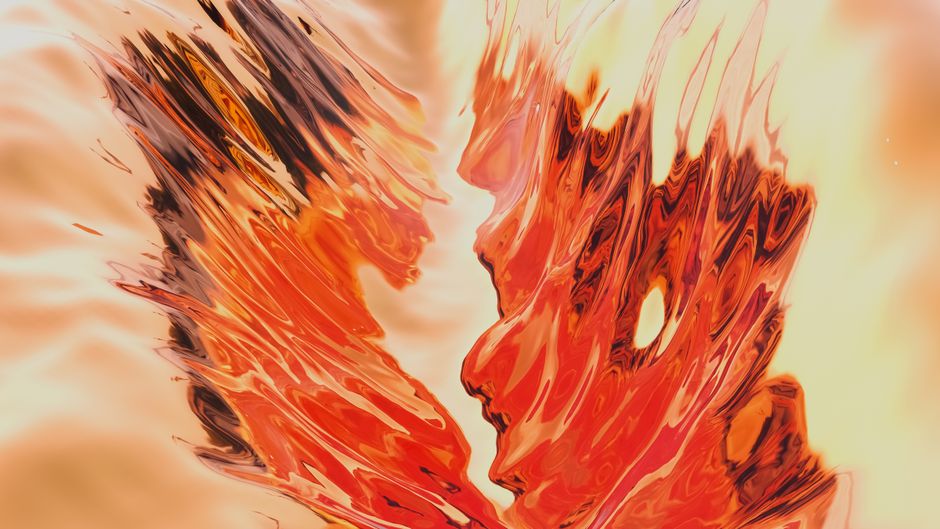 Dynamic abstract artwork featuring fiery colors and fluid motion, resembling flames and movement.