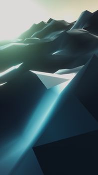 Surreal abstract landscape with geometric shapes and ethereal lighting.