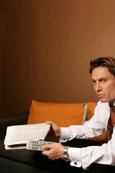 A focused adult man reading a newspaper while holding a remote control in a cozy indoor setting.