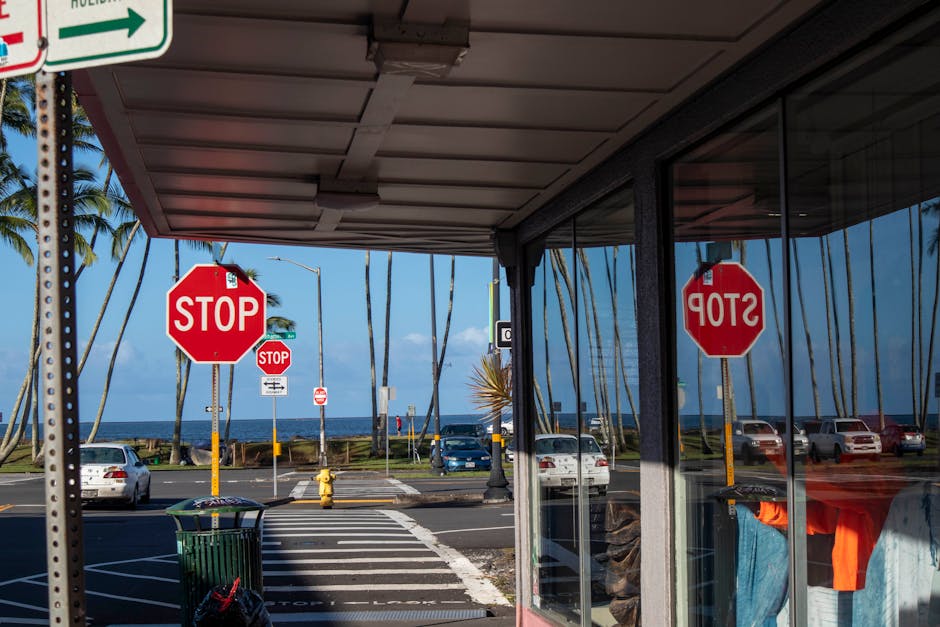Photo by Isi Parente A street corner in Hilo, Hawaii with stop signs and reflections on a glass window. Scenic palm-lined beachfront view.