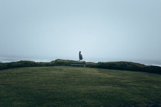 A solitary person sitting on a bench overlooking a misty ocean, evoking tranquility.