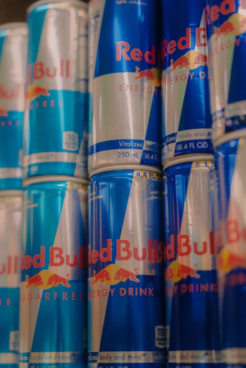 Red Bull Energy Drink Cans in Close Up Shot