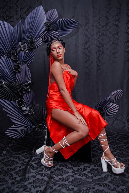 Woman in a Red Silk Dress and White Heels Wearing Red Makeup Free Stock Photo Woman in a Red Silk Dress and White Heels Wearing Red Makeup Free Stock Photo