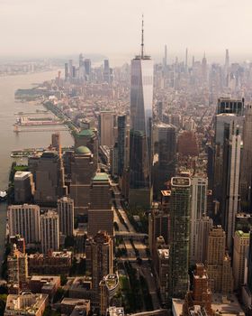 Breathtaking aerial shot of New York City's skyline featuring the iconic Manhattan skyscrapers.