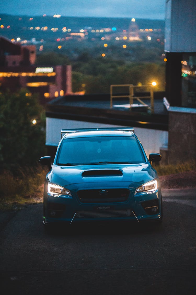 Front View Of A Blue Subaru WRX