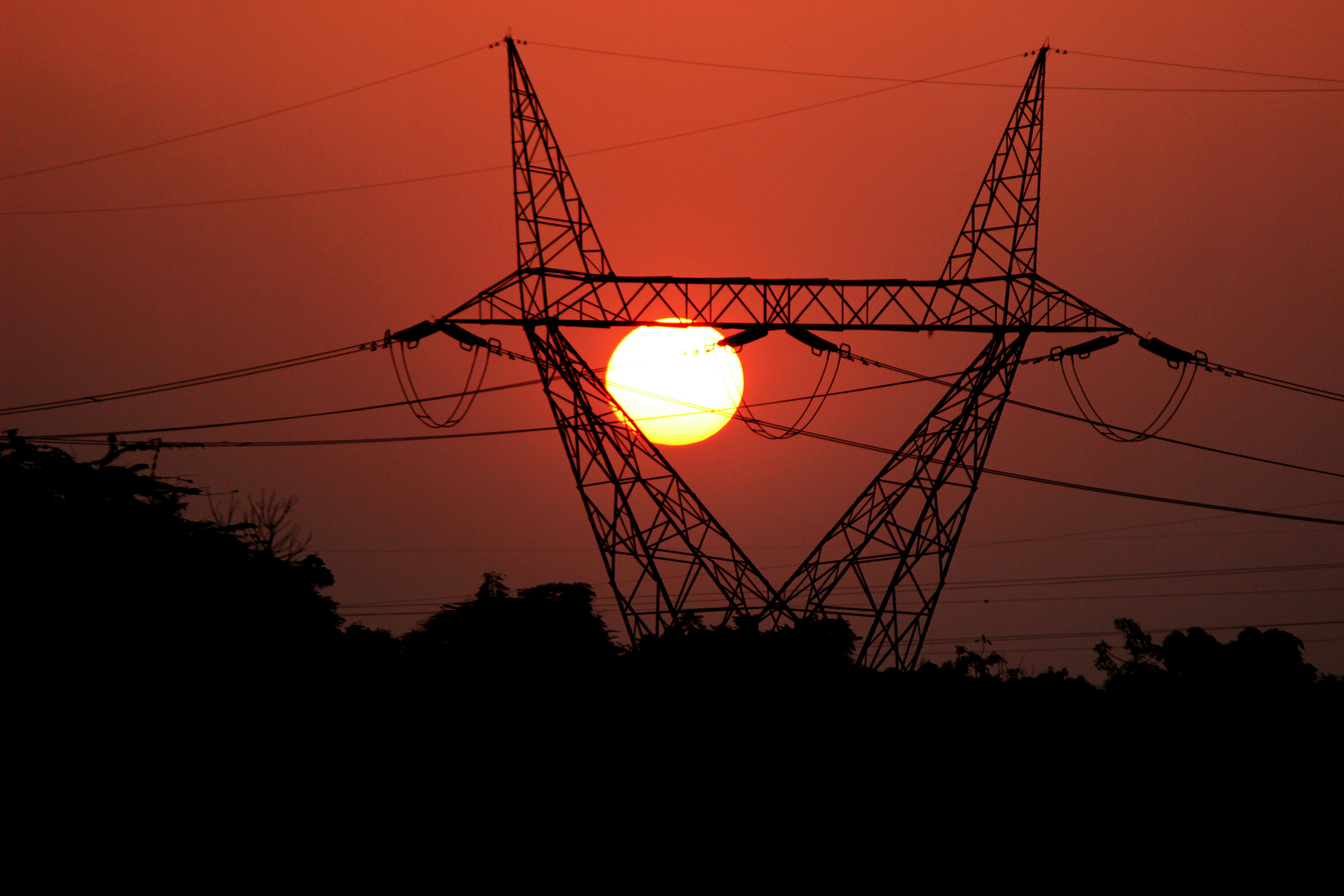 Free stock photo of electrical lines, electrical poles, sunset