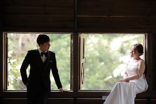 A Bride and Groom Looking at Each Other