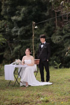A joyful Vietnamese couple celebrates their outdoor wedding, showcasing their love in a natural setting.