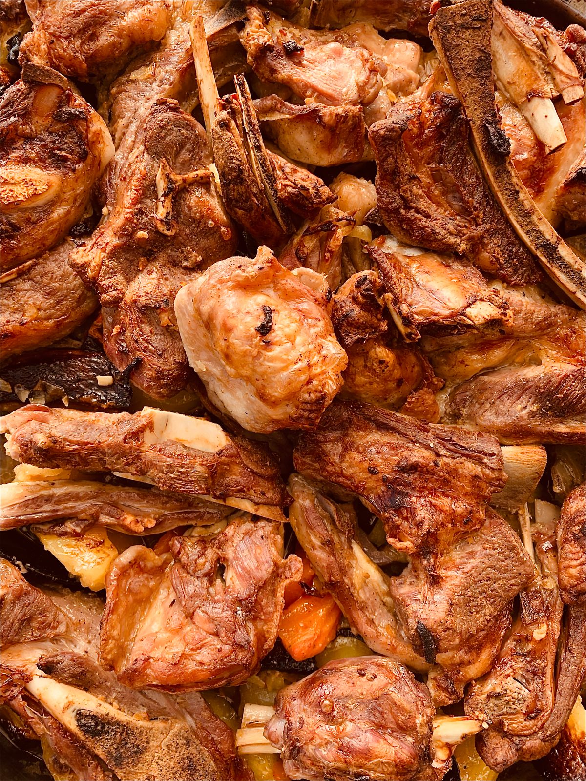 Close-up of roasted meat with crisp, golden skin ready to carve