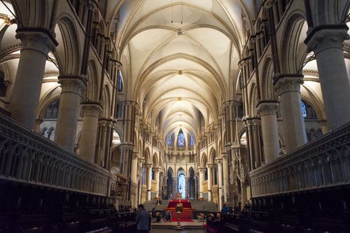 Free Interior view of the majestic Gothic arches in Canterbury Cathedral, England. Stock Photo