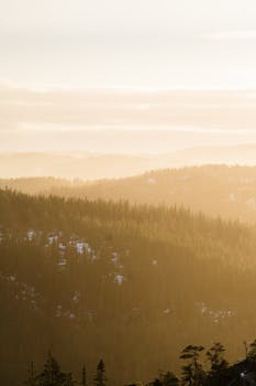 Breathtaking sunrise over foggy mountains in Norway, offering a serene landscape view.