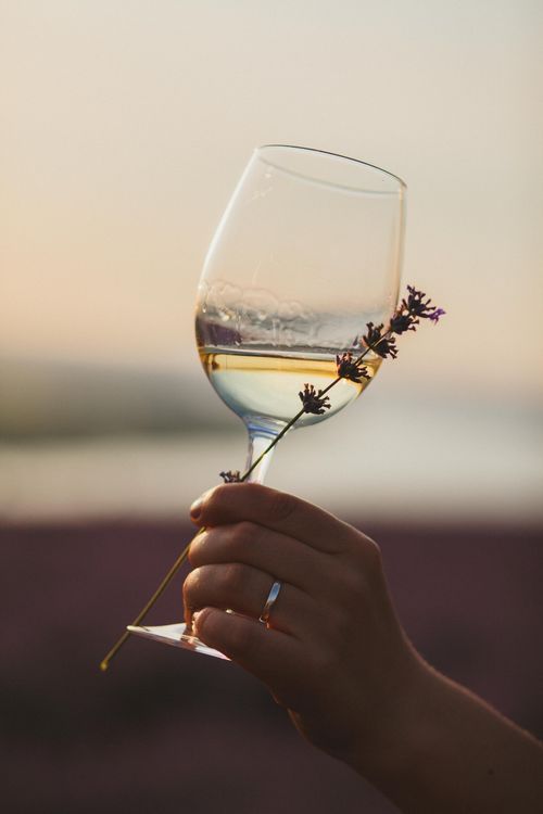 Free A hand holding a wine glass with lavender, set against a sunset backdrop. Stock Photo
