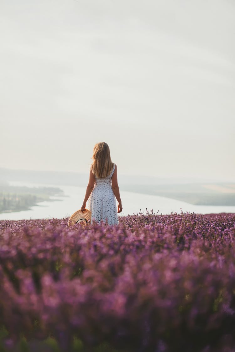 Woman On Meadow With Flowers