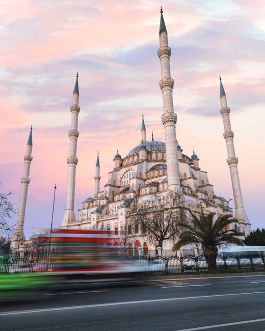 Beautiful view of Sabanci Central Mosque in Adana, Turkey during a stunning sunset.