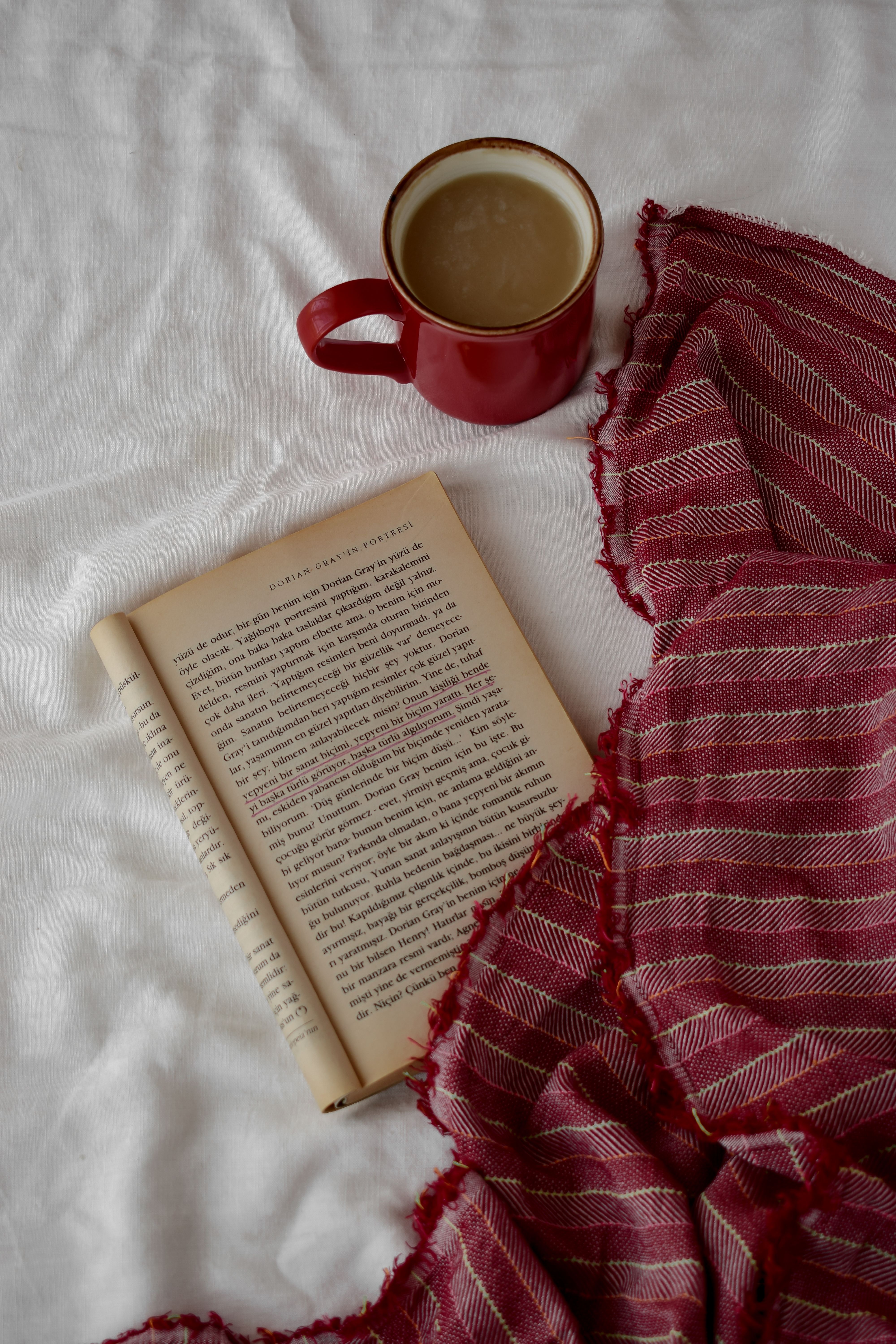 A cozy scene featuring a coffee mug, an open book, and a warm blanket on a bed.