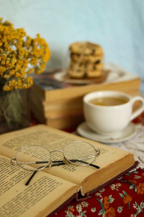 Free Warm and inviting scene with a book, eyeglasses, and a cup of tea. Stock Photo
