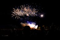 夜晚，一大群人欣赏着充满活力的烟花表演，感受着庆祝与欢乐的氛围