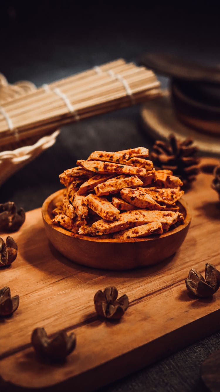 Asian Cuisine Snacks In Bamboo Bowl