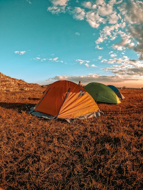 Tents on a Field in Mountains 