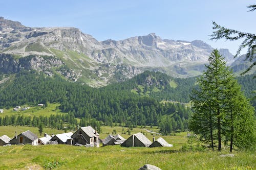  Houses on Grass Field Near Green Trees and Mountain