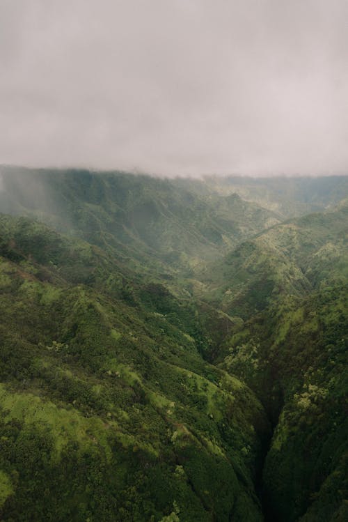 Green Mountains with Fog Under Cloudy Sky