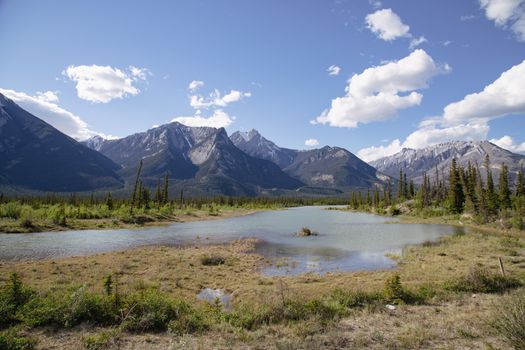Beautiful landscape of the Canadian Rockies with a flowing river under a bright sky in Alberta.