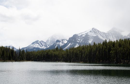 Tranquil lake with a backdrop of snow-capped mountains and dense forest under a white sky.