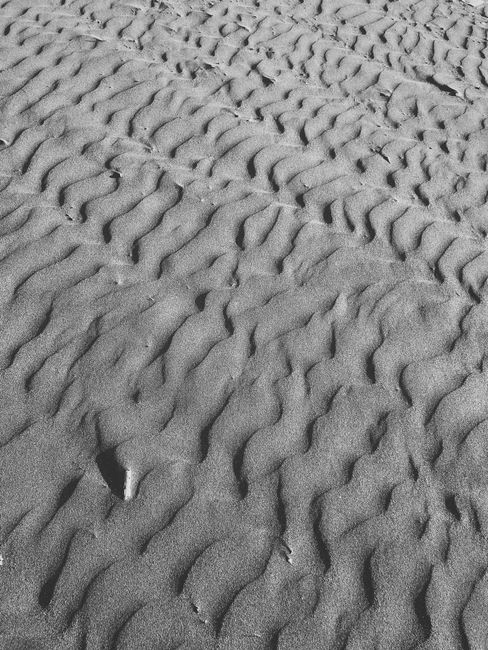 Black and white image showcasing wave-like sand dune patterns in monochrome.