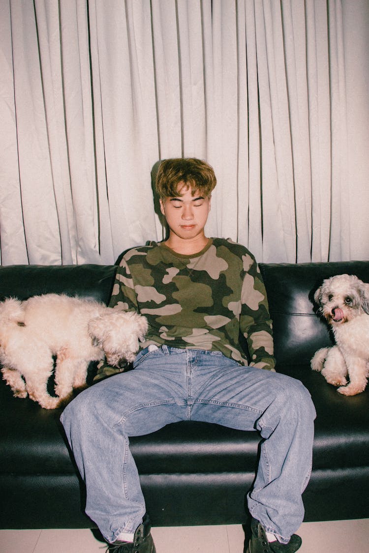 Young Man Sitting On Couch With Dogs