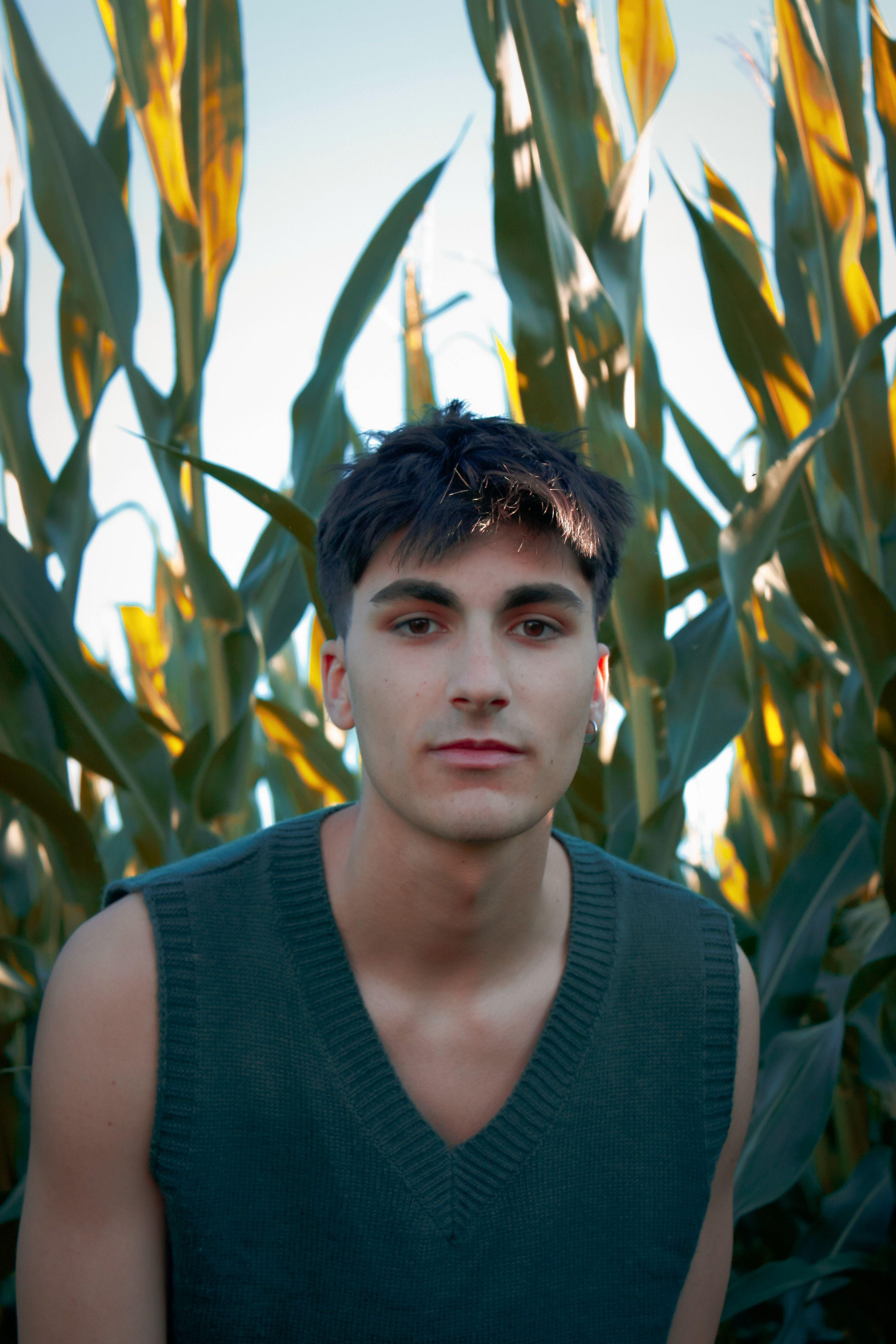 Portrait of a young man wearing a sweater vest sitting in a cornfield.