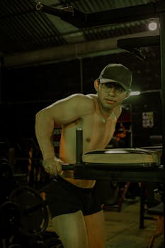 A shirtless man performs dips exercise indoors, showcasing fitness in a gym setting.
