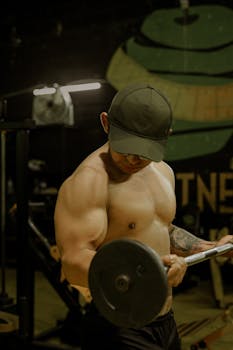 A shirtless, muscular man lifting a barbell in a gym setting, showcasing strength.
