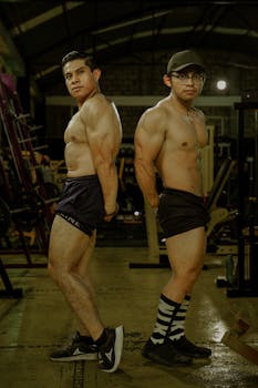 Two muscular men posing back-to-back in a gym setting, showcasing fitness and strength.