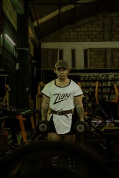 A focused man lifting dumbbells in a dimly lit gym for strength training.