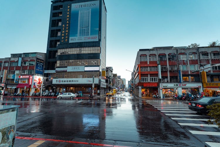 Wet Roads In The City On A Rainy Day