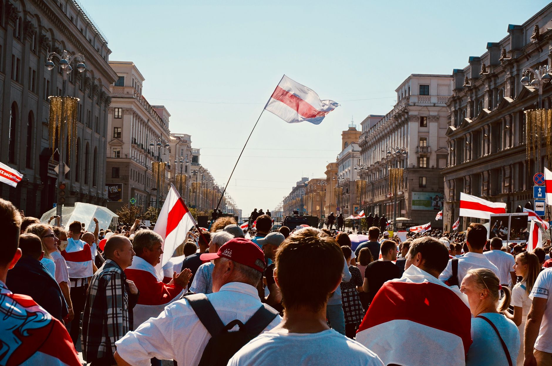 Crowd gathers for a peaceful protest on Independence Avenue in Minsk, Belarus.
