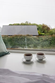Two cups of coffee on a window ledge with a serene garden view, ideal for relaxation.