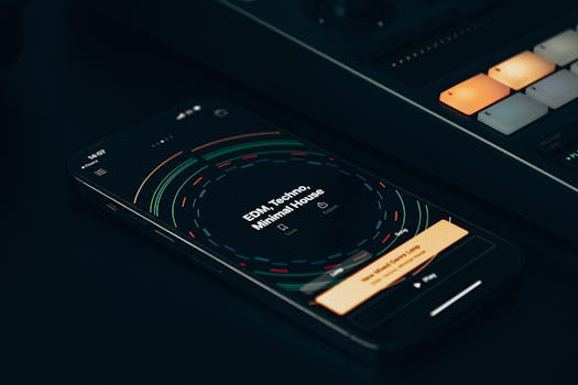 Close-up of a smartphone displaying an EDM music app, showcasing modern technology and mobile design.
