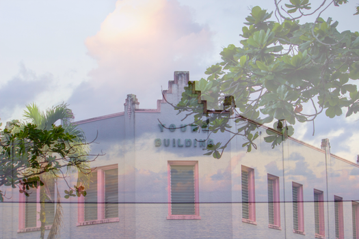 Double Exposure Photo of a Building Exterior and Trees