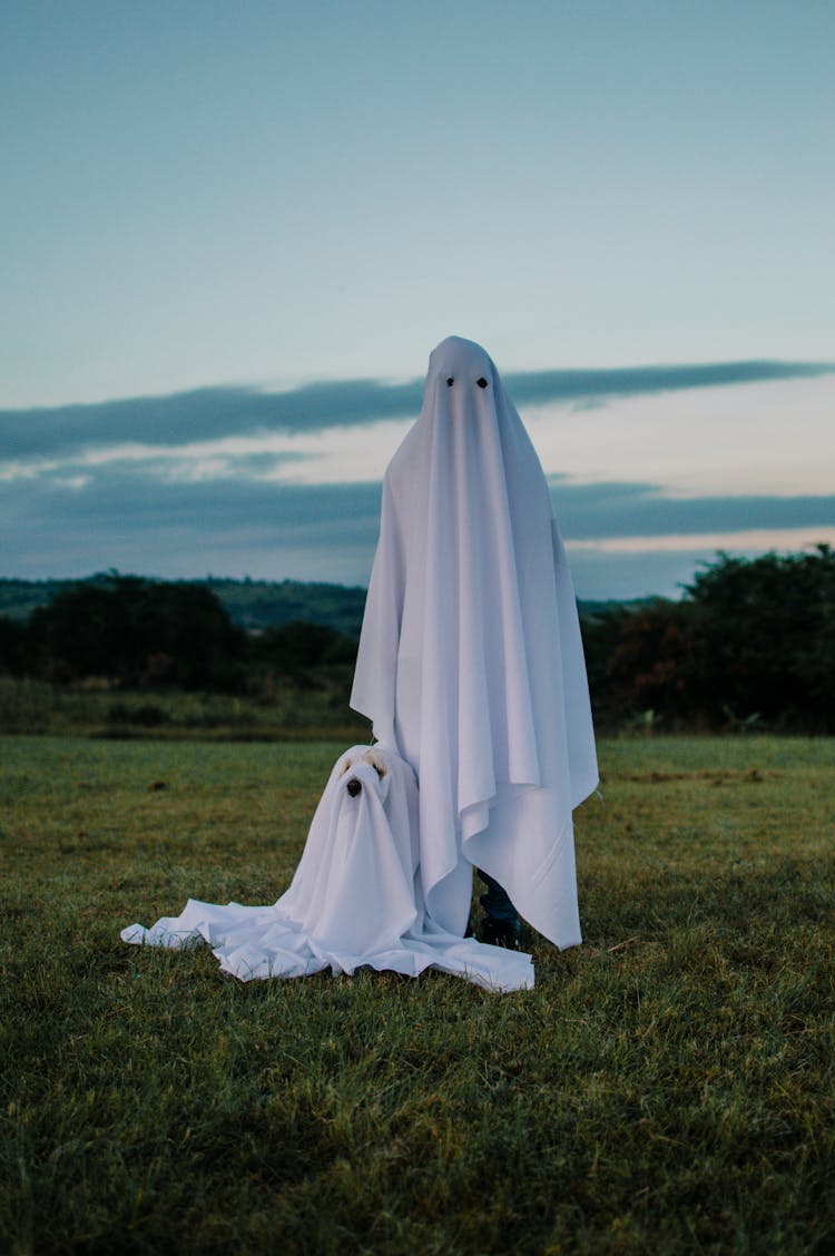 Pet Owner And Dog In White Sheets Pretending Ghosts