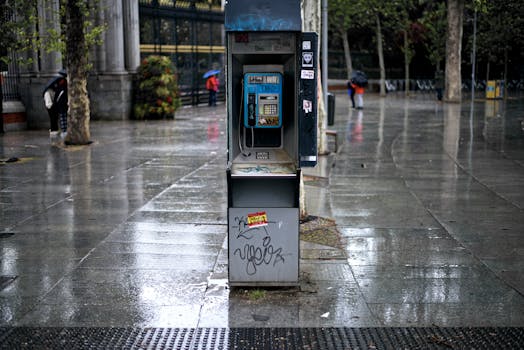 A telephone booth in an urban park on a rainy day with wet reflections on pavement.