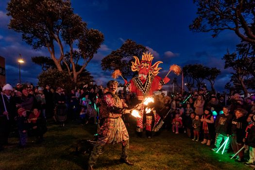 A lively outdoor fire dancing performance captivates a crowd under the night sky.
