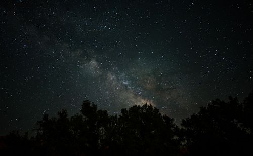 Free Stunning photograph capturing the Milky Way galaxy above a silhouetted forest at night. Stock Photo