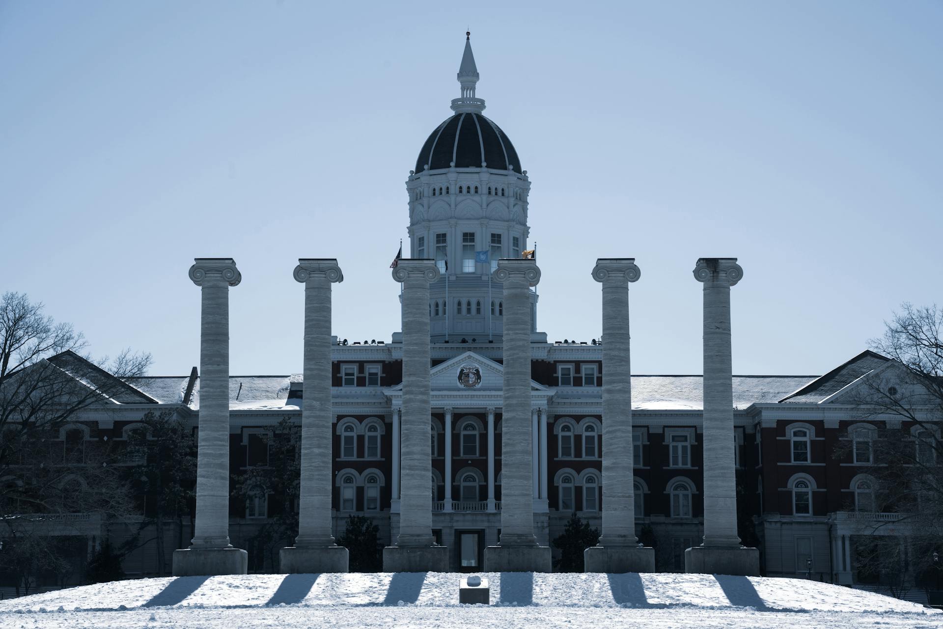 Winter view of the iconic columns and Jesse Hall at the University of Missouri in Columbia.