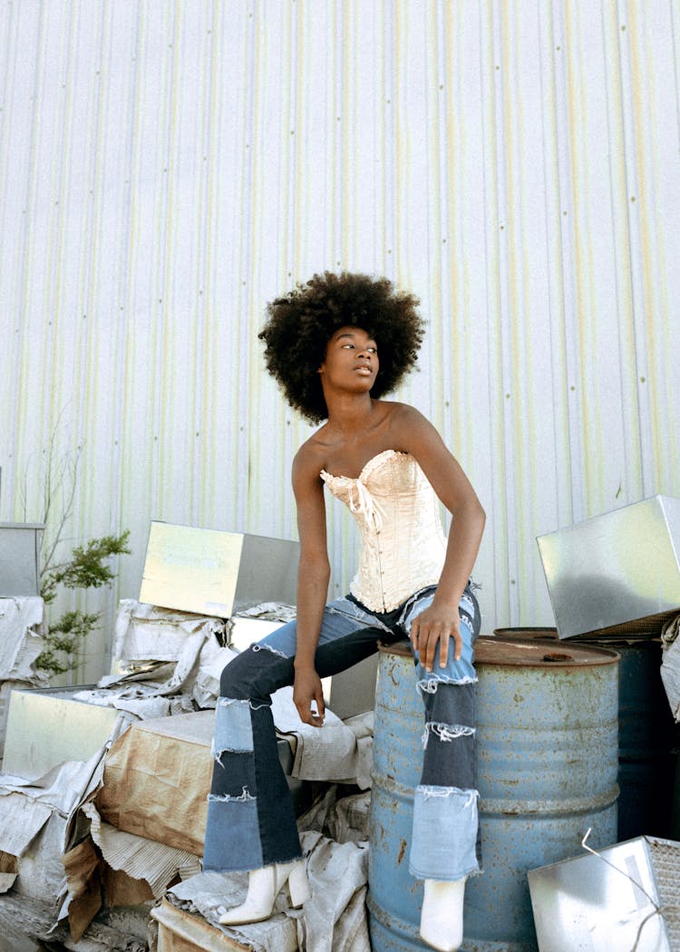 African American Fashion Woman Wearing Patchwork Jeans And Corset