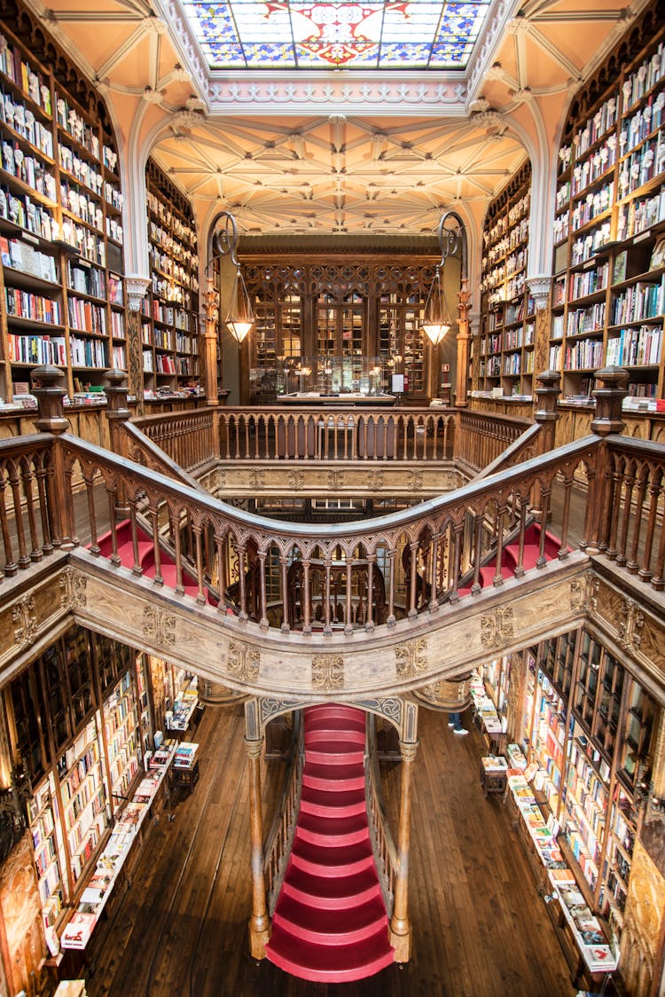 Top View Of Library With Red Stairs