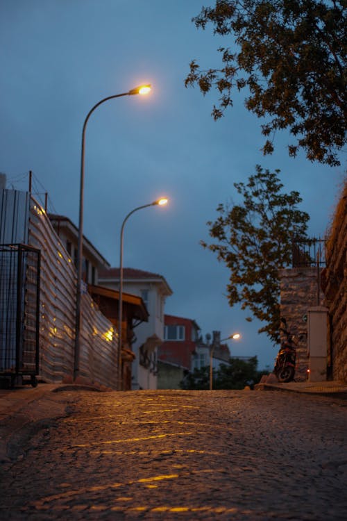 A Low Angle Shot of a Concrete Road on the Street with Lamp Posts