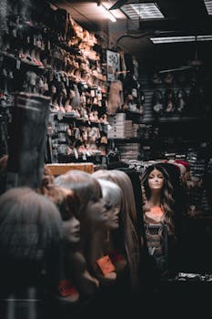 A collection of mannequins displaying various wigs in a Boston store, showcasing diverse hair styles and colors.