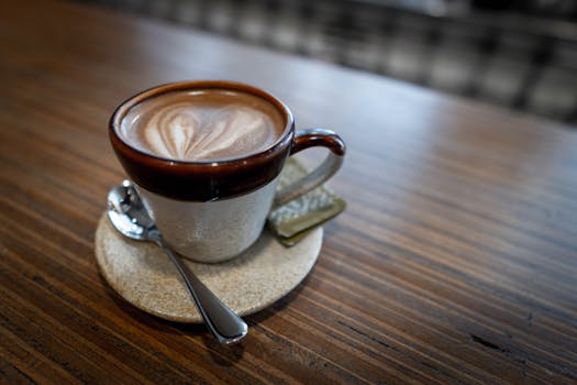 A beautiful cappuccino with intricate latte art in a ceramic mug, served on a wooden table.